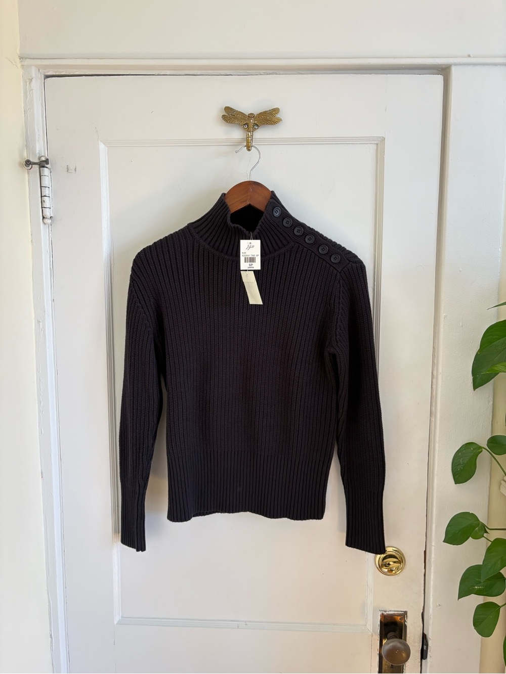 J. Jill Ribbed Button Shoulder Black High Neck Sweater Small Petite NEW